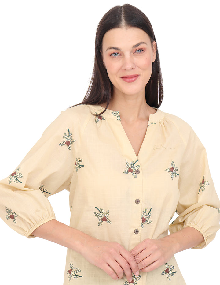 Blusa Cuello V, Manga  4/3 Algodón Bordado