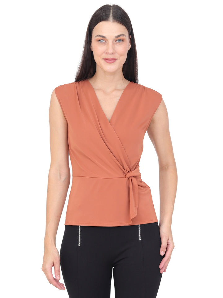 Blusa Cuello V, Con Nudo al Frente, Sin Manga, Liso