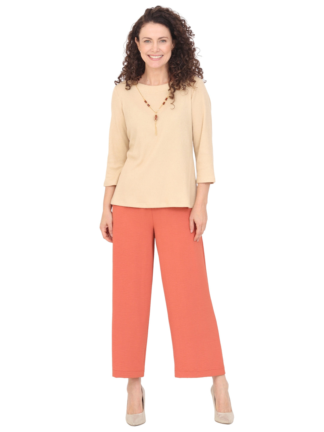 Blusa Cuello Redondo, Manga 3/4, con Collar, Lisa