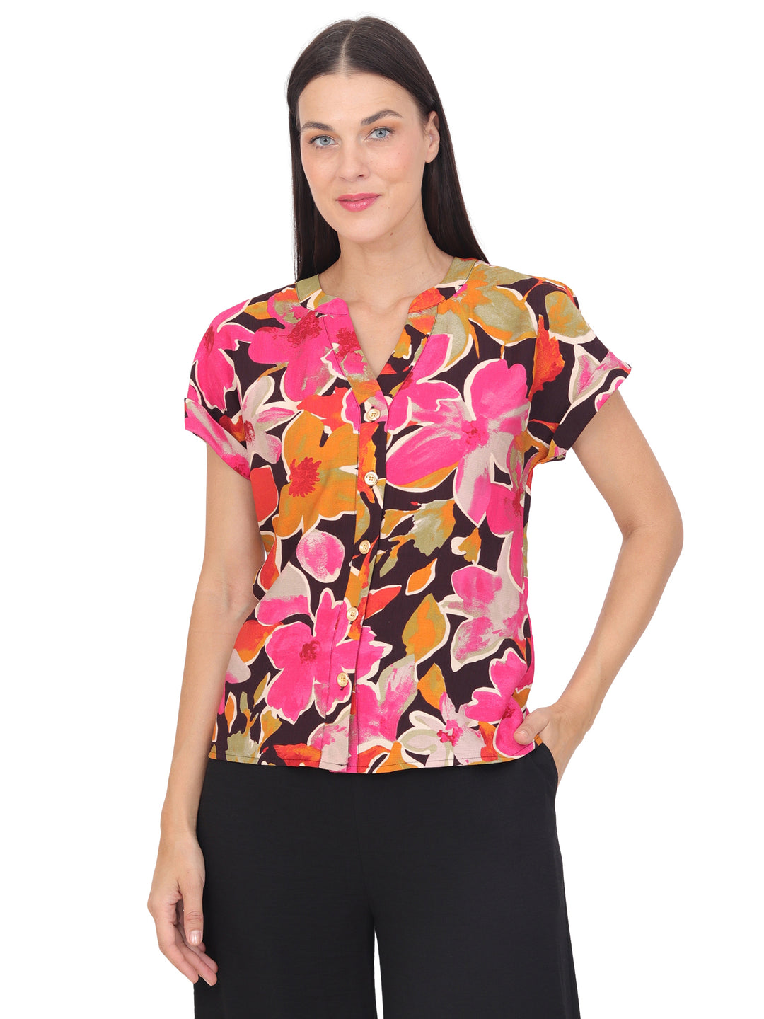 Blusa Cuello V, Manga Corta, Estampada