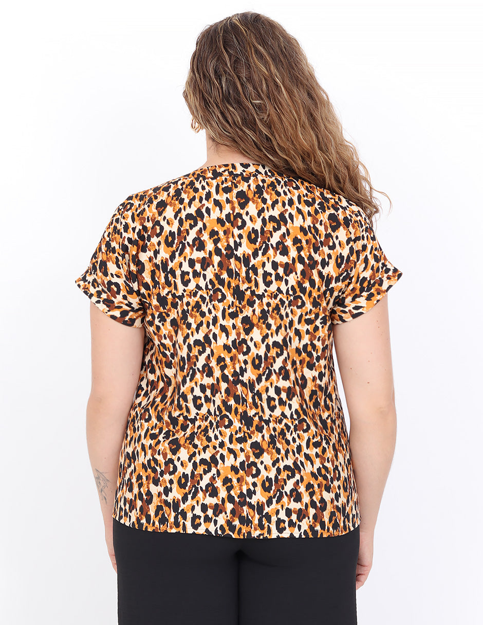 Blusa Cuello en V, Manga Corta, Botones al Frente, Estampada
