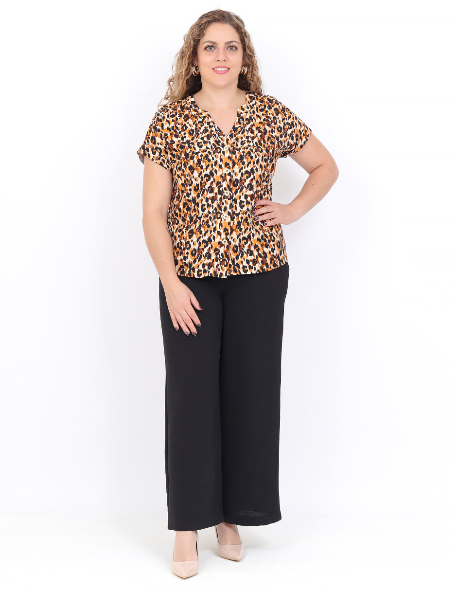 Blusa Cuello en V, Manga Corta, Botones al Frente, Estampada