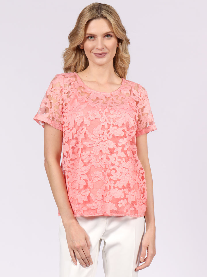 Blusa Cuello Redondo, Manga Corta, Encaje