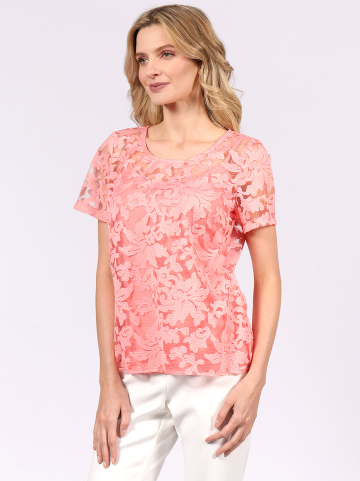 Blusa Cuello Redondo, Manga Corta, Encaje