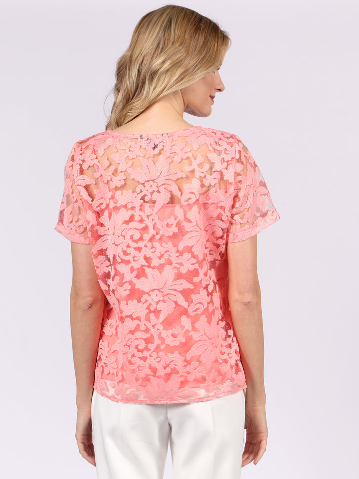 Blusa Cuello Redondo, Manga Corta, Encaje